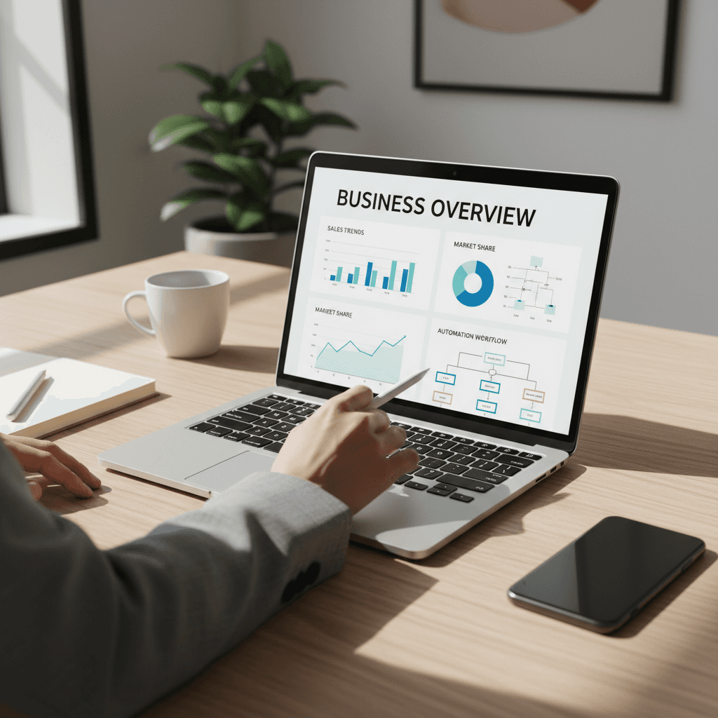 Small business owner using AI tools on laptop at modern workspace