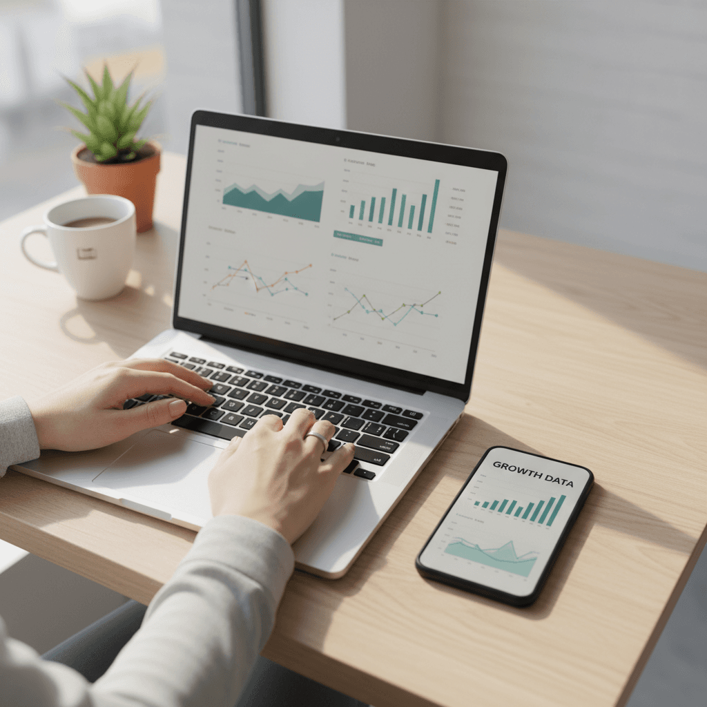 Business owner reviewing website performance metrics