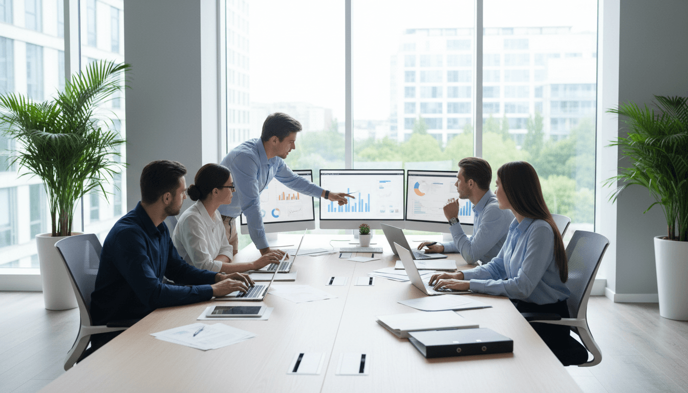 Small business team collaborating in modern office with technology
