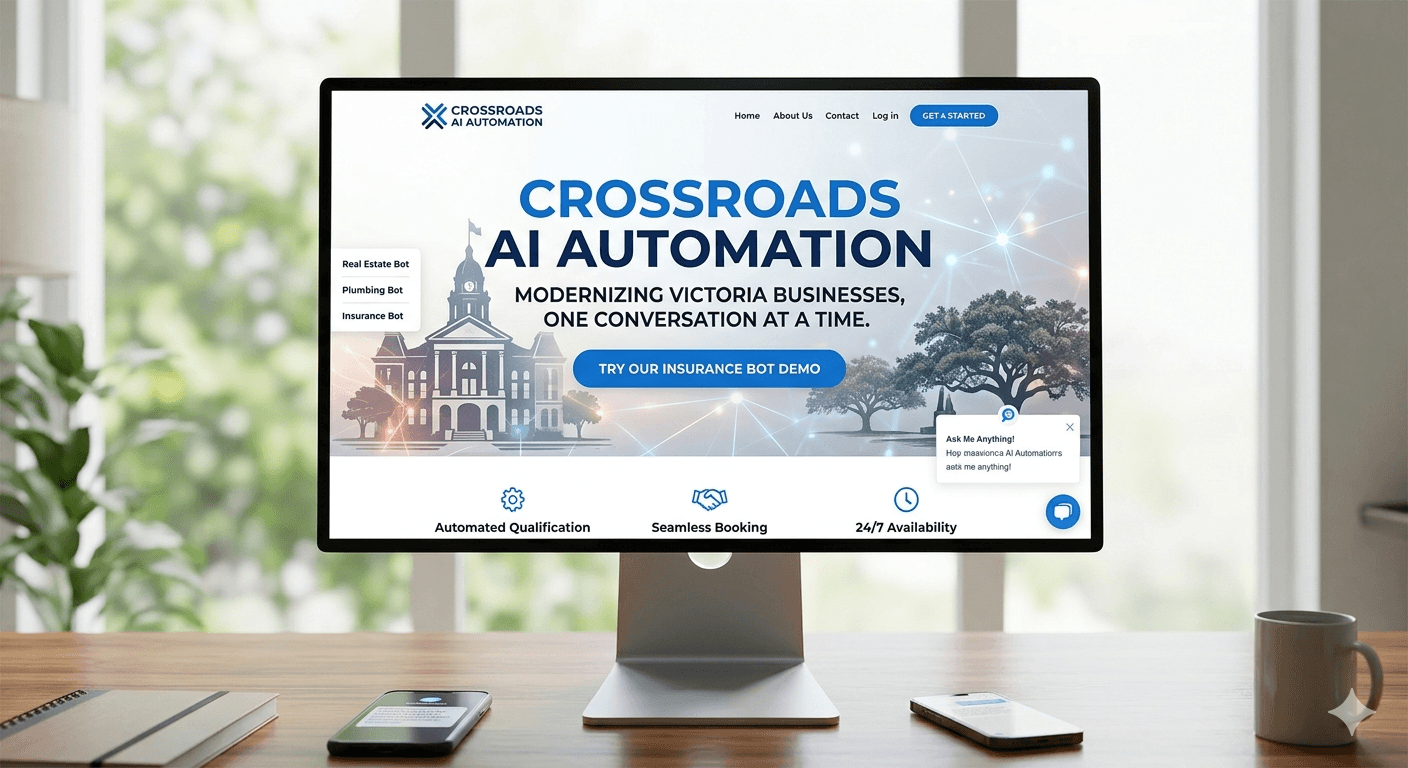 Computer monitor displaying Crossroads AI Automation website on a desk with smartphones and notebook.